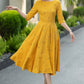 Yellow Linen Cotton Midi Dress – Vintage Fit & Flare with Pockets 6668