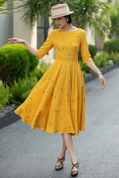 Yellow Linen Cotton Midi Dress – Vintage Fit & Flare with Pockets 6668 -Size XS #CK2600011
