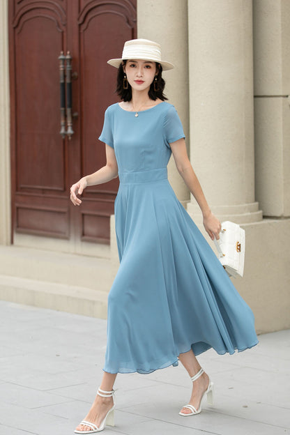 Blue Chiffon Midi Dress - Swing Silhouette with Fitted Waist 5147