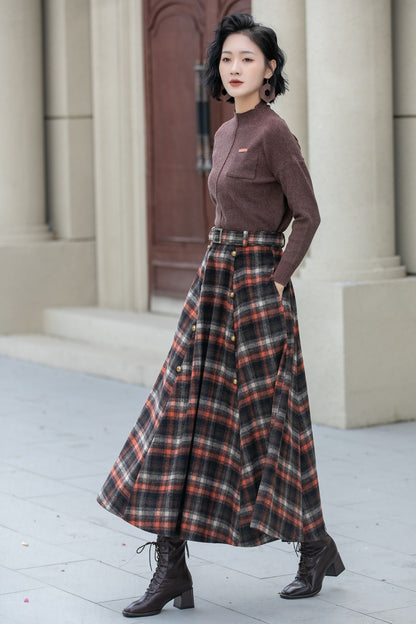 A line plaid midi wool skirt women 5355