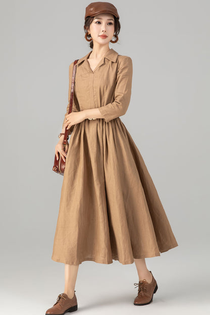 Khaki Linen Midi Shirt Dress - Pleated Fit and Flare Elegance 5707