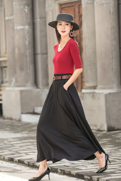 Black A Line Maxi  Linen Skirt with Pockets  2779