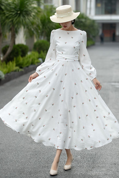 Handmade White Floral Linen Midi Dress – Vintage A-Line Long Sleeve Dress 6661