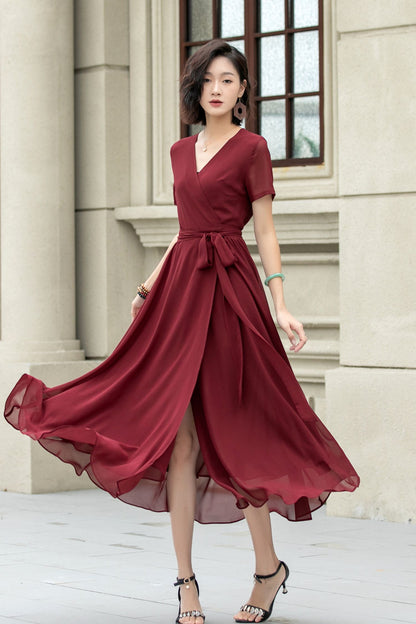 Burgundy midi fit and flare prom chiffon dress 5222