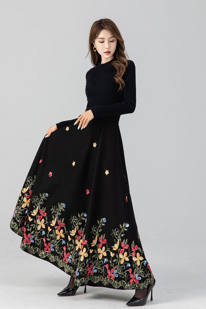 Classic Black Wool Maxi Skirt – Floral Embroidery Hem, A-Line – 5270