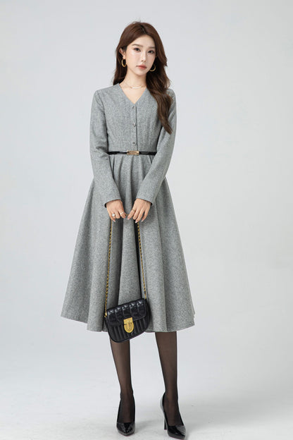 Gray Wool Midi Dress - Fit and Flare V-Neck Swing Silhouette 5304
