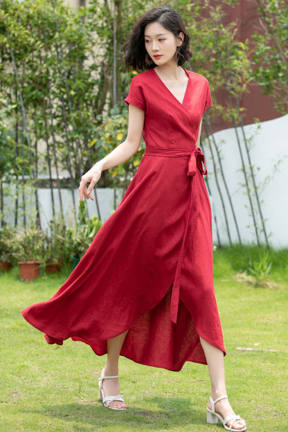 Short sleeve Burgundy Linen Wrap dress 5202