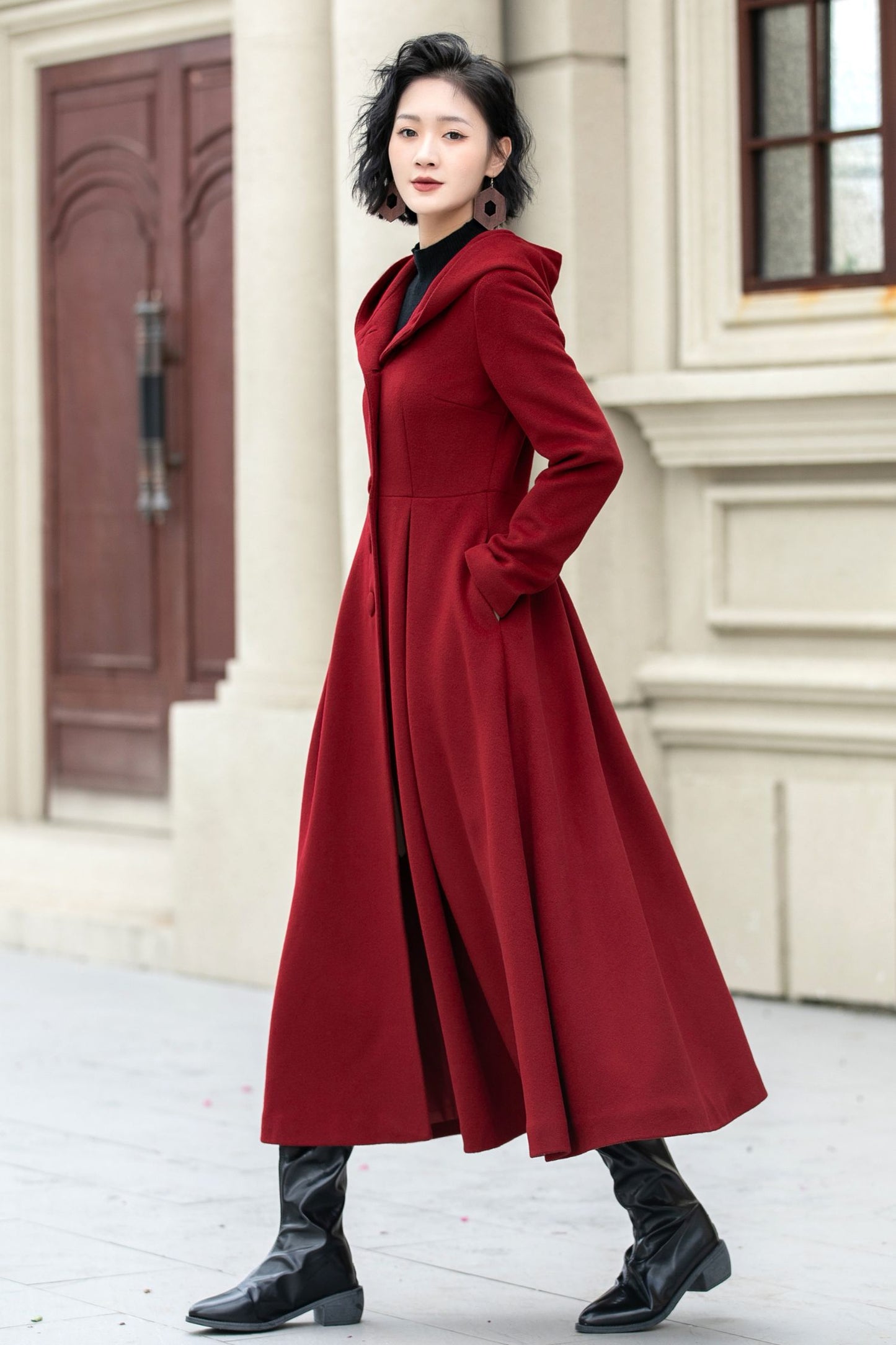 Long swing red winter wool coat women 5346