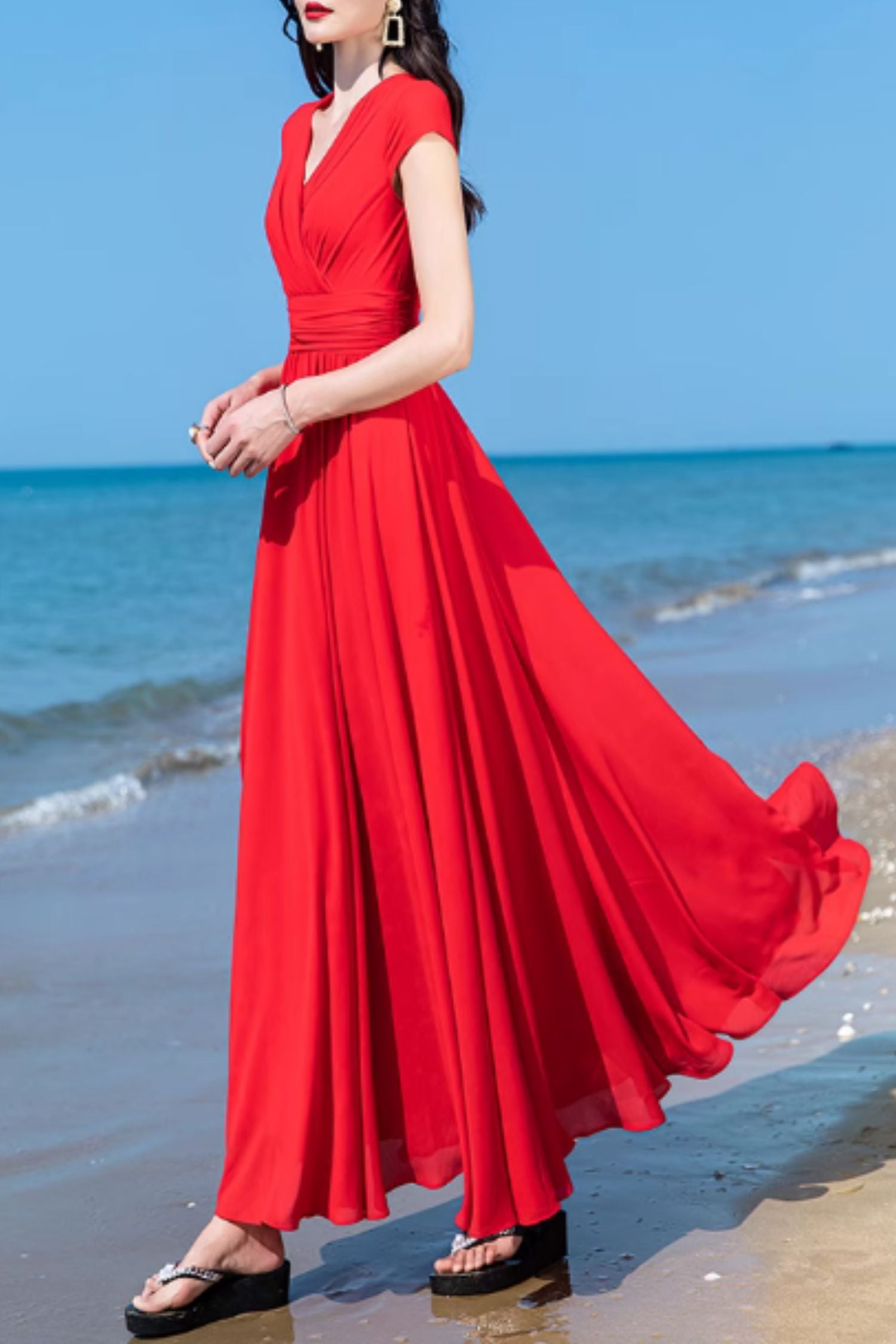 Blush Pink Chiffon Maxi Dress with V-Neck Swing Silhouette – Xiaolizi