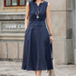 Casual sleeveless Navy linen midi dress 2593