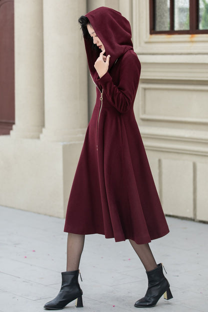 Vintage Hooded Wool Coat – Burgundy Handmade Winter Zip Overcoat 5345