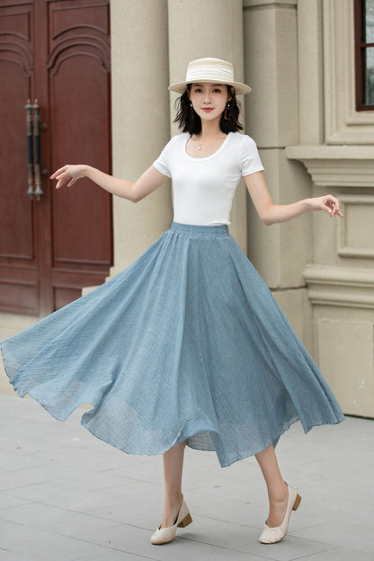 Blue Linen Cotton Midi Skirt - A-Line Swing | Xiaolizi 5150