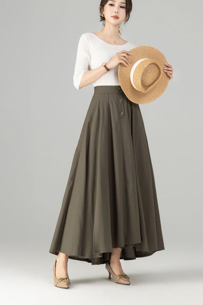 Olive Green Linen Cotton Maxi Skirt - Button-Up A-Line | Xiaolizi 5702