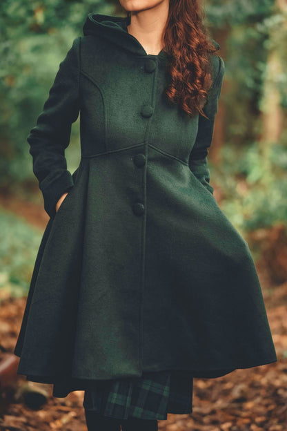 Vintage Green Wool Coat – Handmade Hooded Winter Overcoat for Women 2493