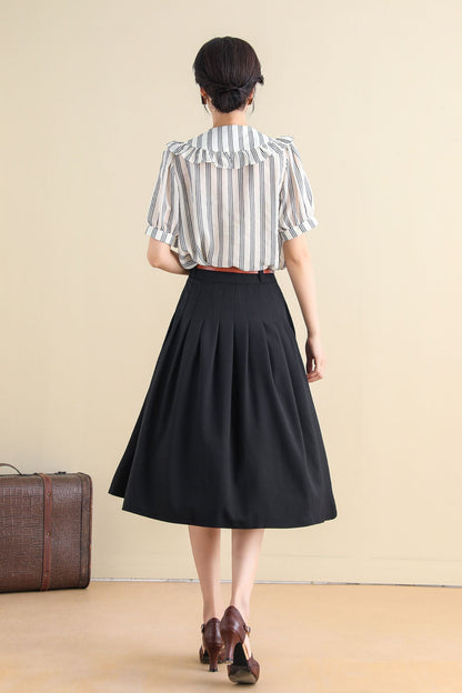 Black Linen Cotton Midi Circle Skirt - Pleated A-Line with Pockets 2785