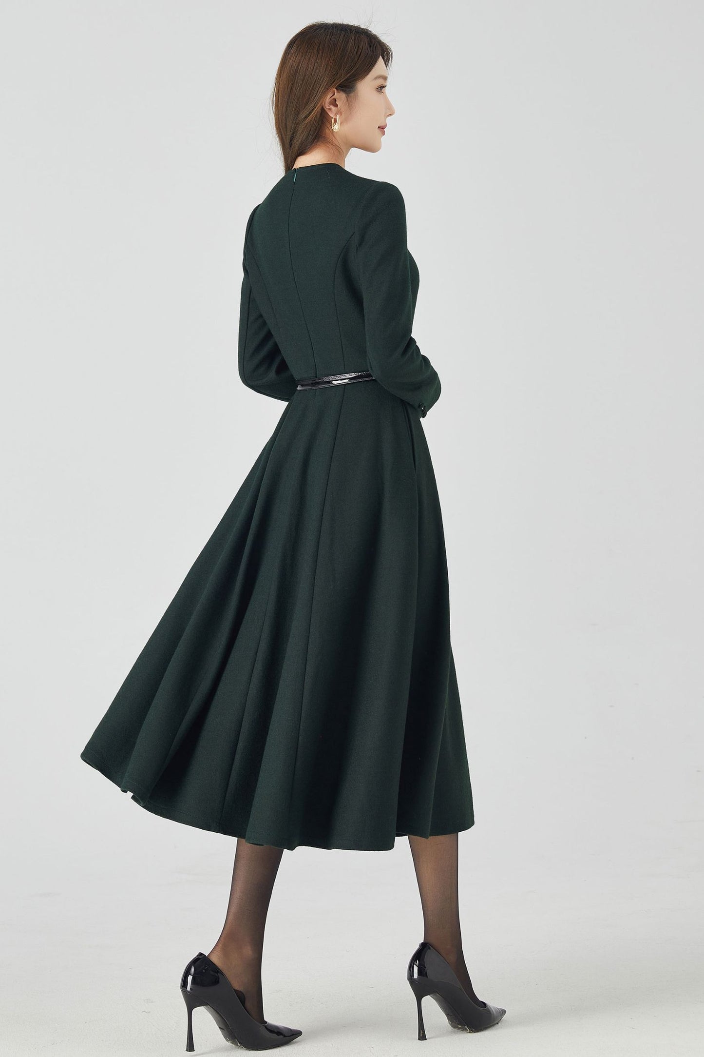 Dark Green Winter Long Wool Dress 4522