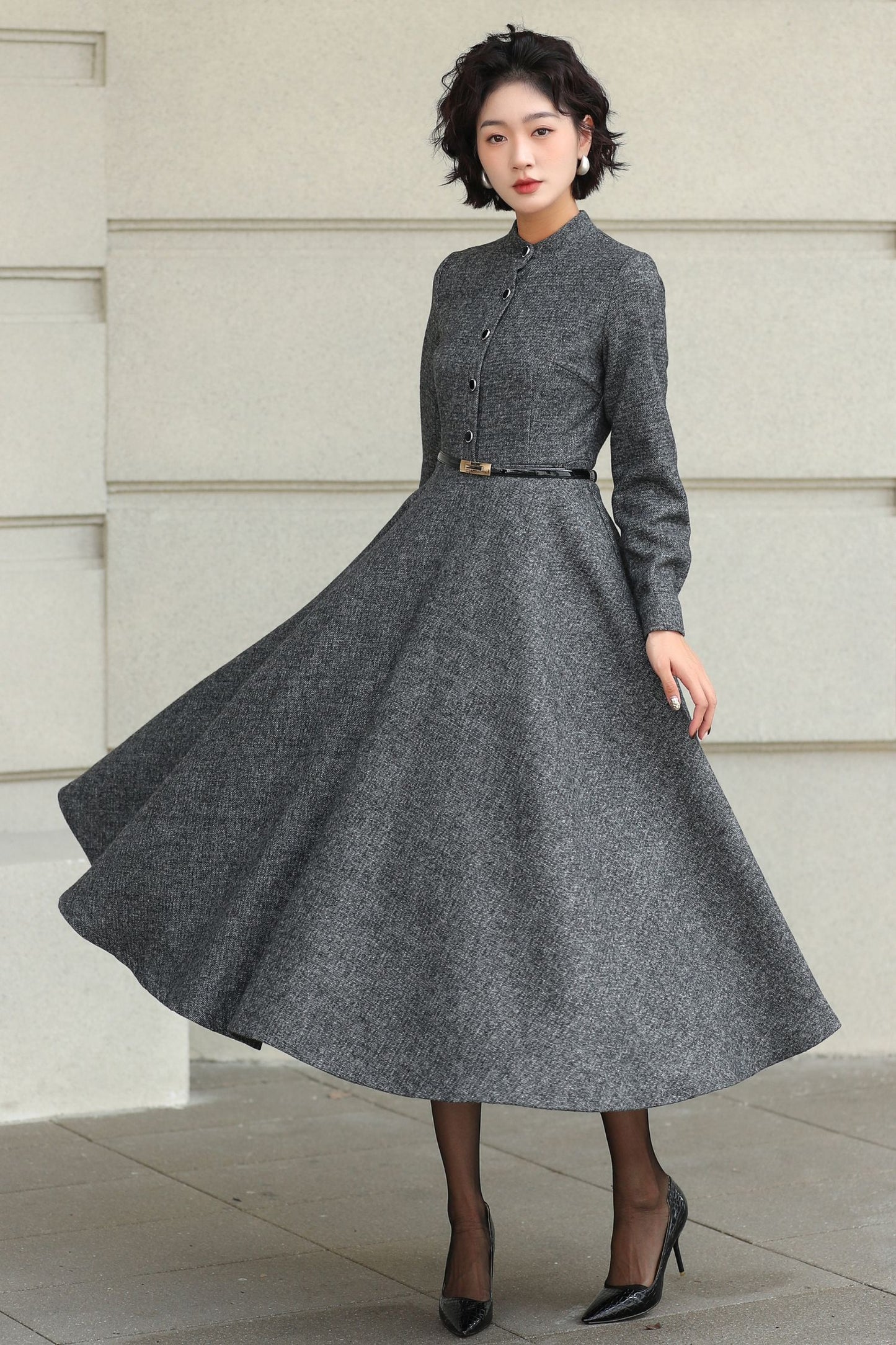Wool A-Line Midi Gray Belted Vintage Style Dress 6508