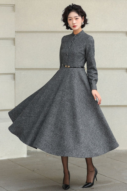 Wool A-Line Midi Gray Belted Vintage Style Dress 6508
