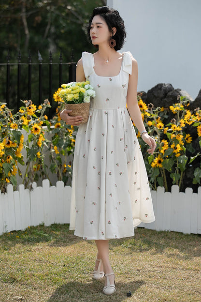 Xiaolizi Vintage Linen Midi Dress – Handmade Square Neck A-Line Summer Dress with Pockets 6685 -size XS #CK2600157