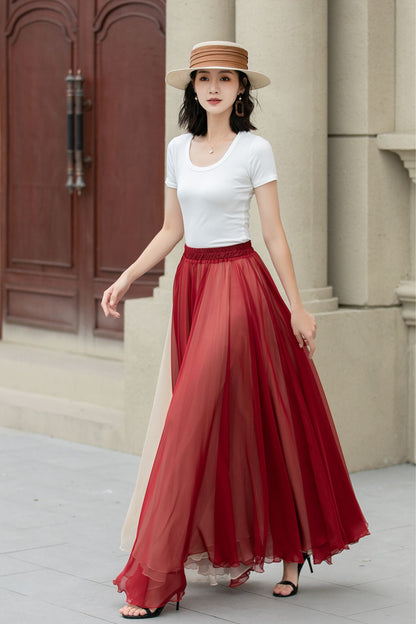 Rust Red Chiffon Maxi Skirt - Swing Elastic Waist | Xiaolizi 5151