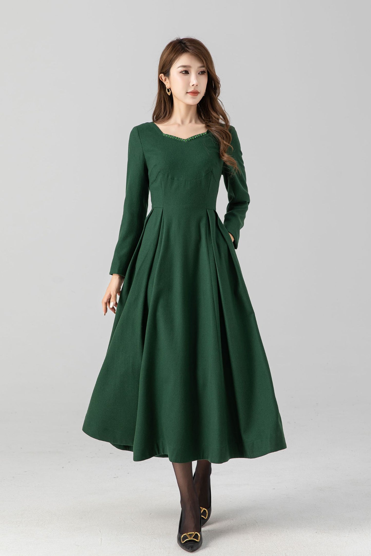 Green fit and flare midi wool dress women 4670