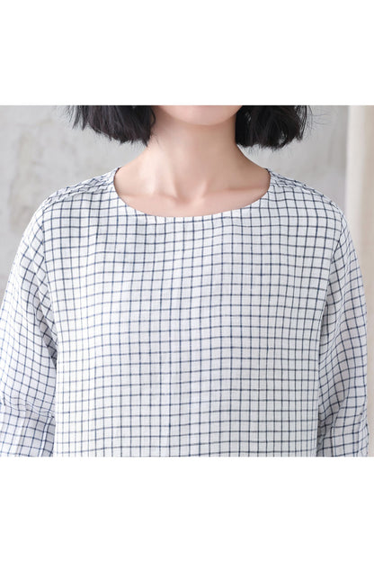 White Check Linen Blouse – Loose Fit 3/4 Sleeve Summer Top 3337