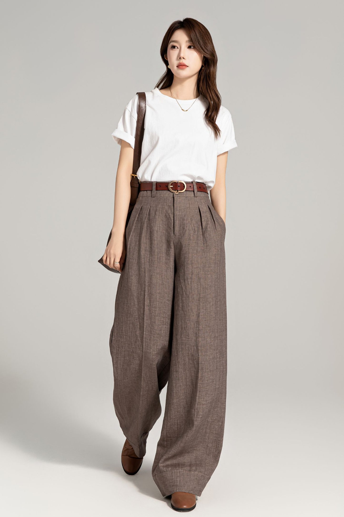 Brown wide leg long linen pants for women 4965