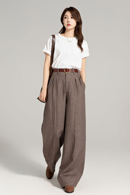 Brown wide leg long linen pants for women 4965