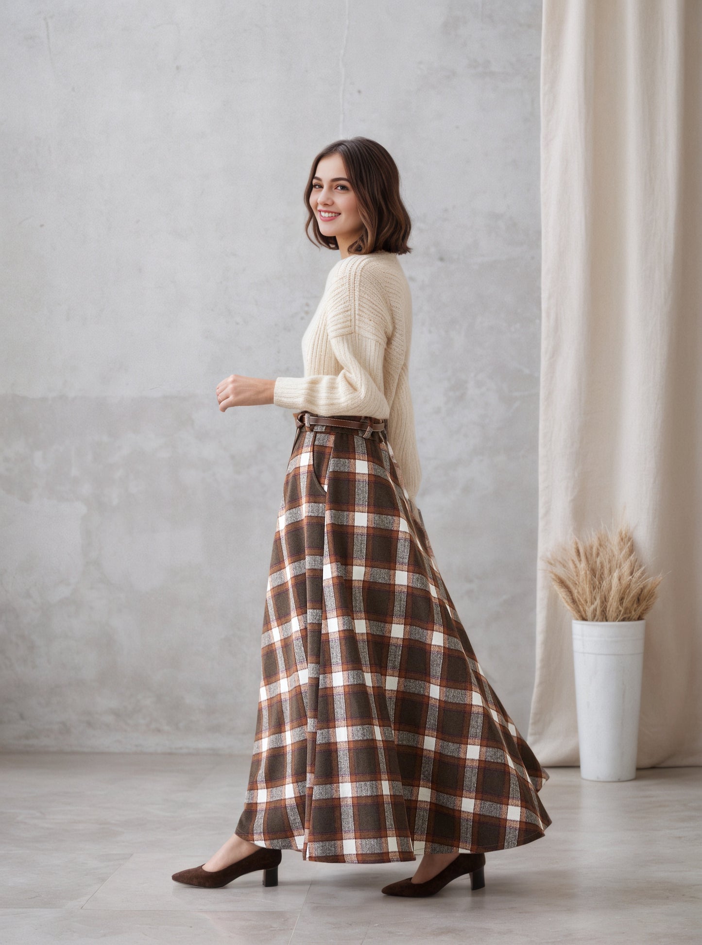 Plaid Wool Maxi Skirt – Brown Checkered Winter Skirt with Pockets & Elastic Waist 6551