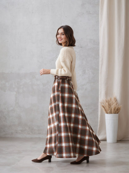 Plaid Wool Maxi Skirt – Brown Checkered Winter Skirt with Pockets & Elastic Waist 6551