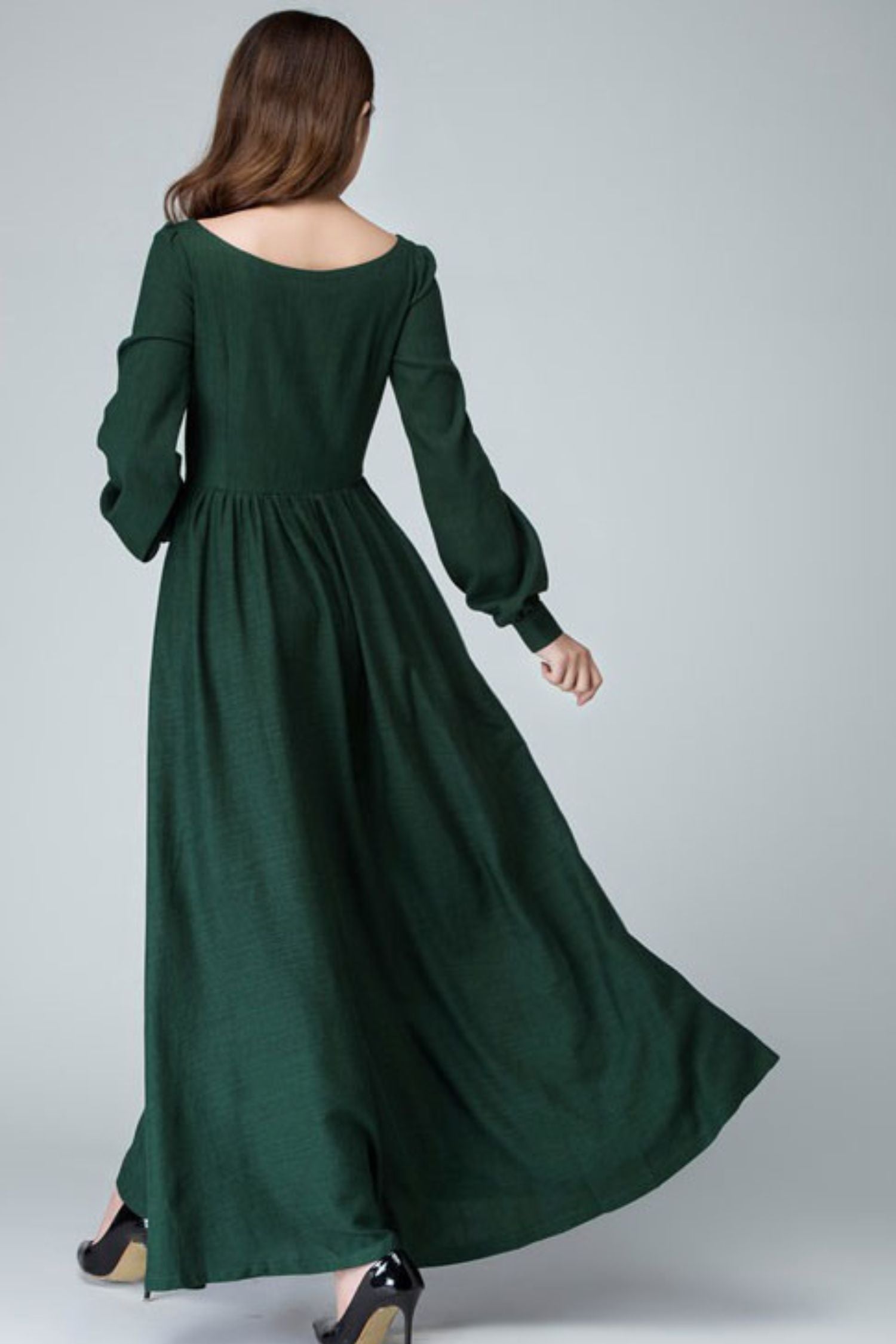 Dark Green Linen Cotton Maxi Dress – Vintage Long Sleeve Boat Neck 1454 Emerald Green / XS Dark Green Linen Cotton Maxi Dress – Vintage Long Sleeve Boat Neck 1454 Emerald Green / XS