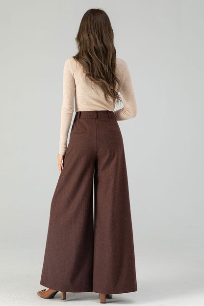Brown Wool Blend Wide Leg Pants – Handmade High Waisted Winter Elegance 4554