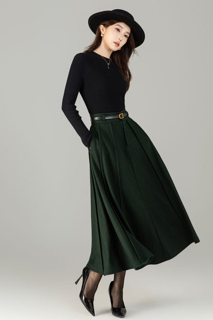 Army Green Wool Maxi Skirt - A-Line Vintage Elegance 6497