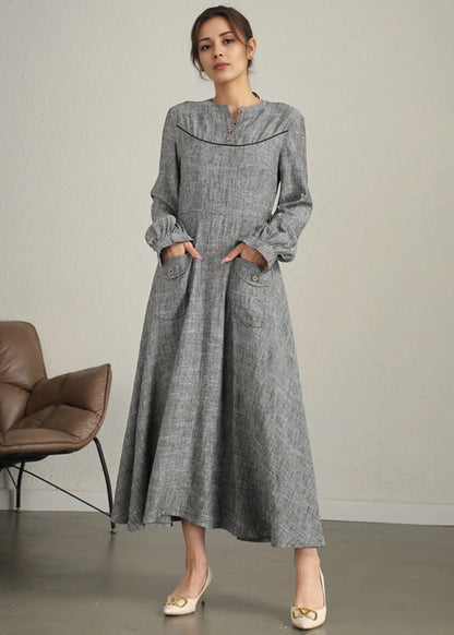 Grey Linen Cotton Maxi Dress - Long Sleeve Gathered Cuffs | Xiaolizi 6340