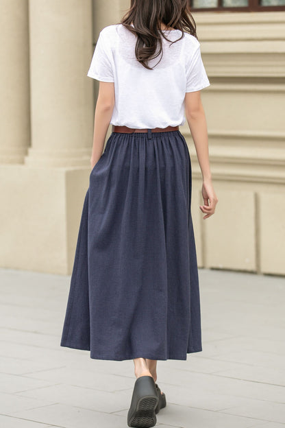 Blue long linen skirt with pockets 4943