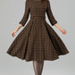 Brown Plaid Wool Dress – Vintage Fit & Flare Midi with 3/4 Sleeves | Xiaolizi 6393