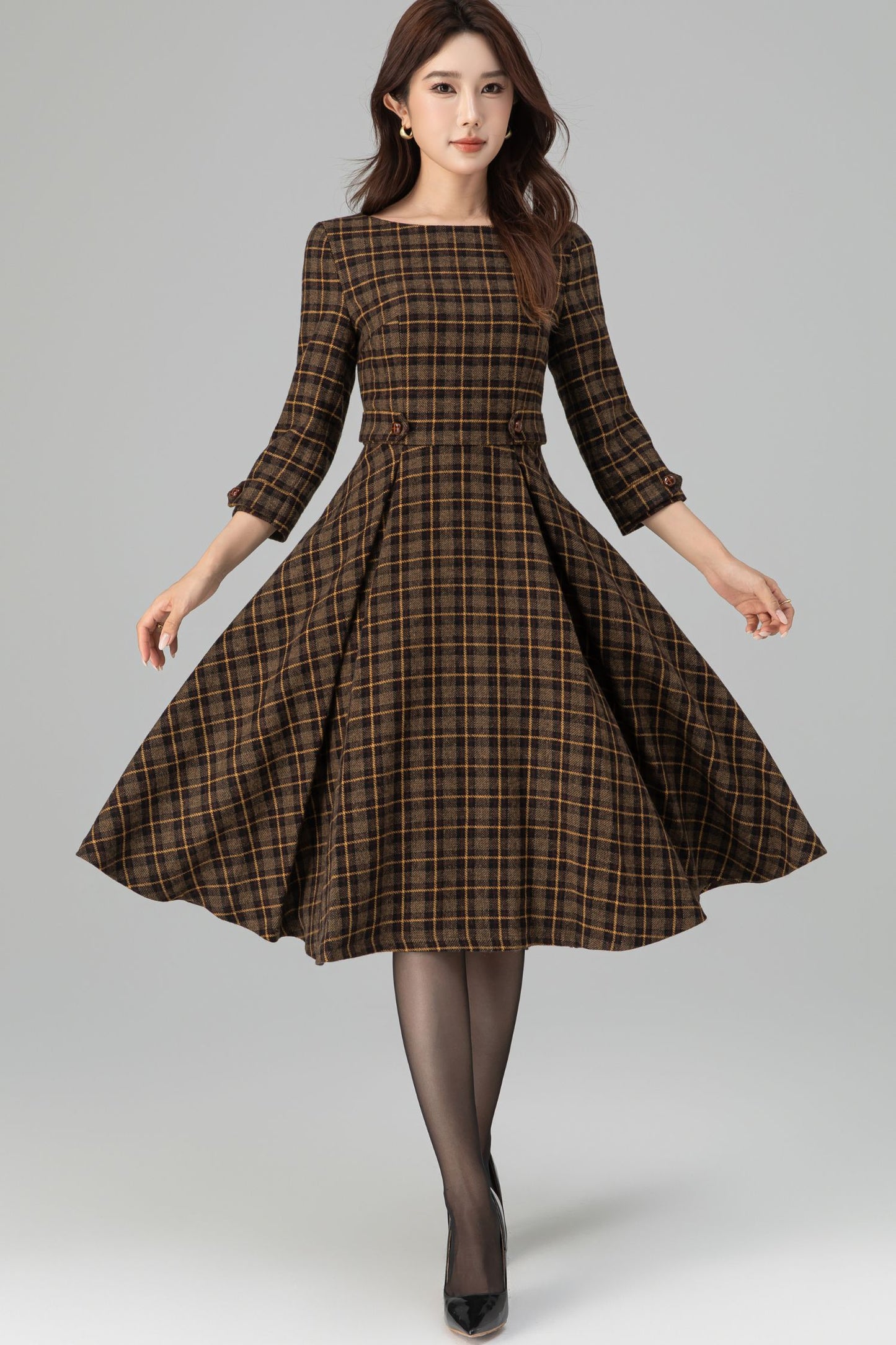 Brown Plaid Wool Dress – Vintage Fit & Flare Midi with 3/4 Sleeves | Xiaolizi 6393