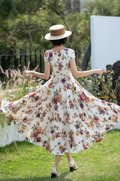 Floral Linen Cotton A-Line Midi Dress for Women 6738 - Size XS #CK2600264