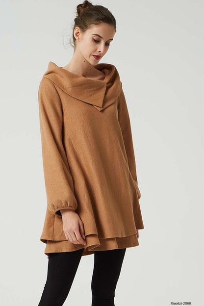 Vintage Wool Tunic Dress – Camel Brown with Asymmetrical Collar – 2066