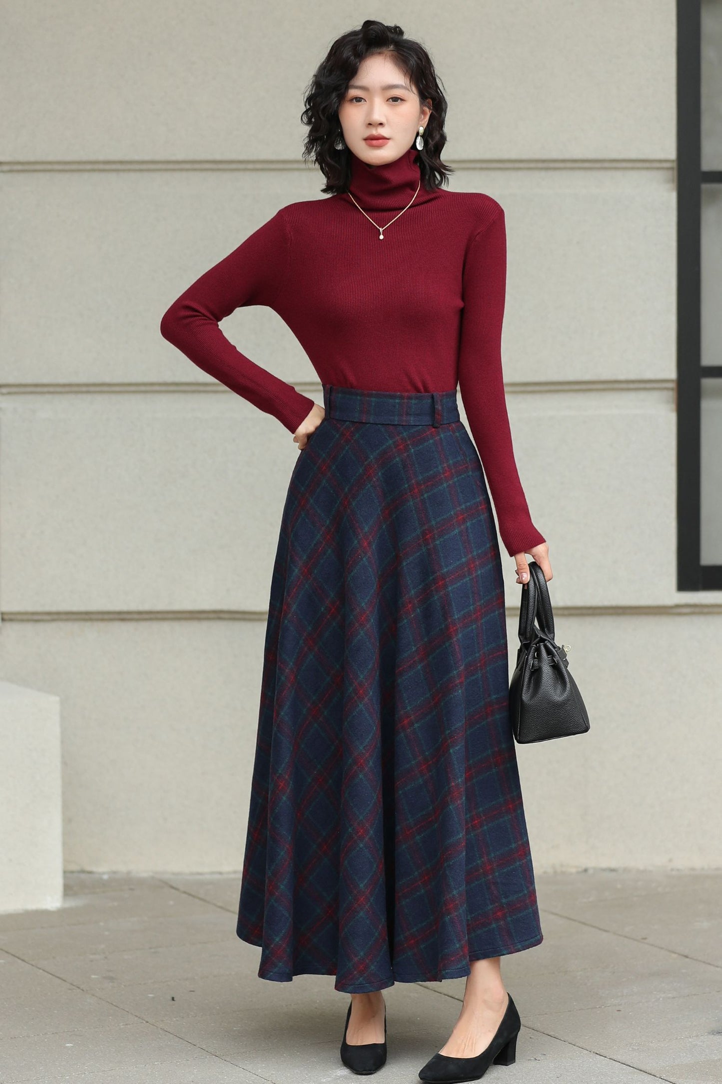 Handmade Charcoal Grey Plaid Wool Maxi Skirt – High Waist Winter Elegance | Xiaolizi 6426