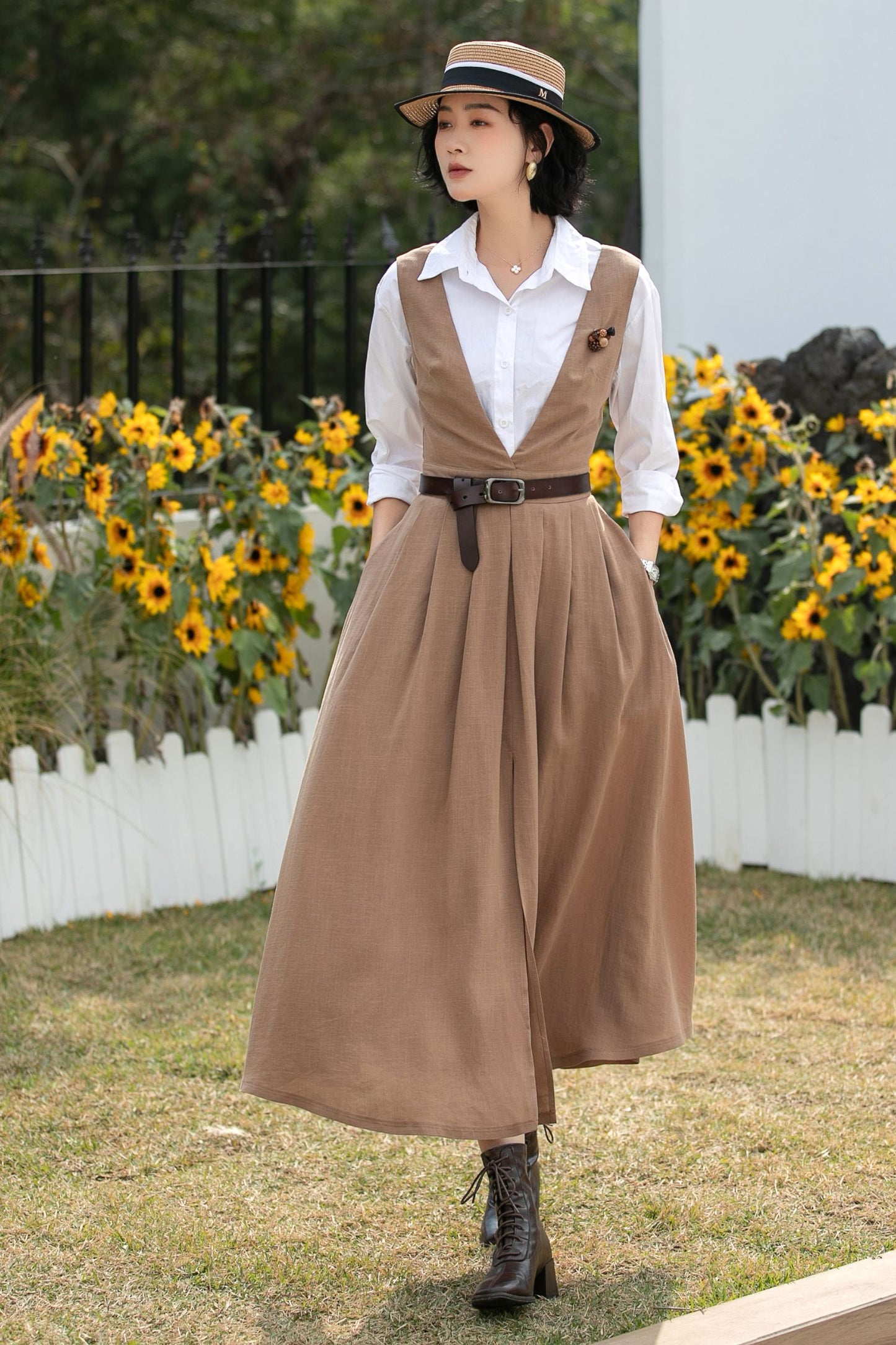 Xiaolizi Linen Pinafore Dress – Vintage V Neck Midi Swing Dress 6690