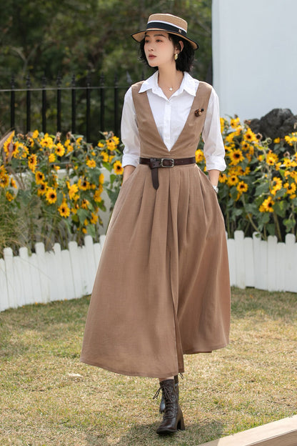 Xiaolizi Linen Pinafore Dress – Vintage V Neck Midi Swing Dress 6690