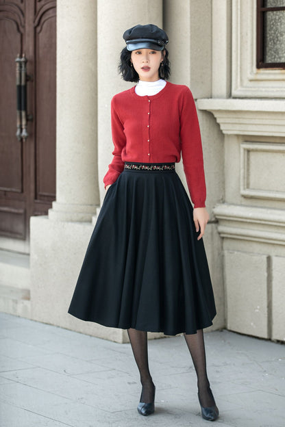 Vintage Black Wool Midi Skirt – Embroidered Waist Circle Skirt  5310