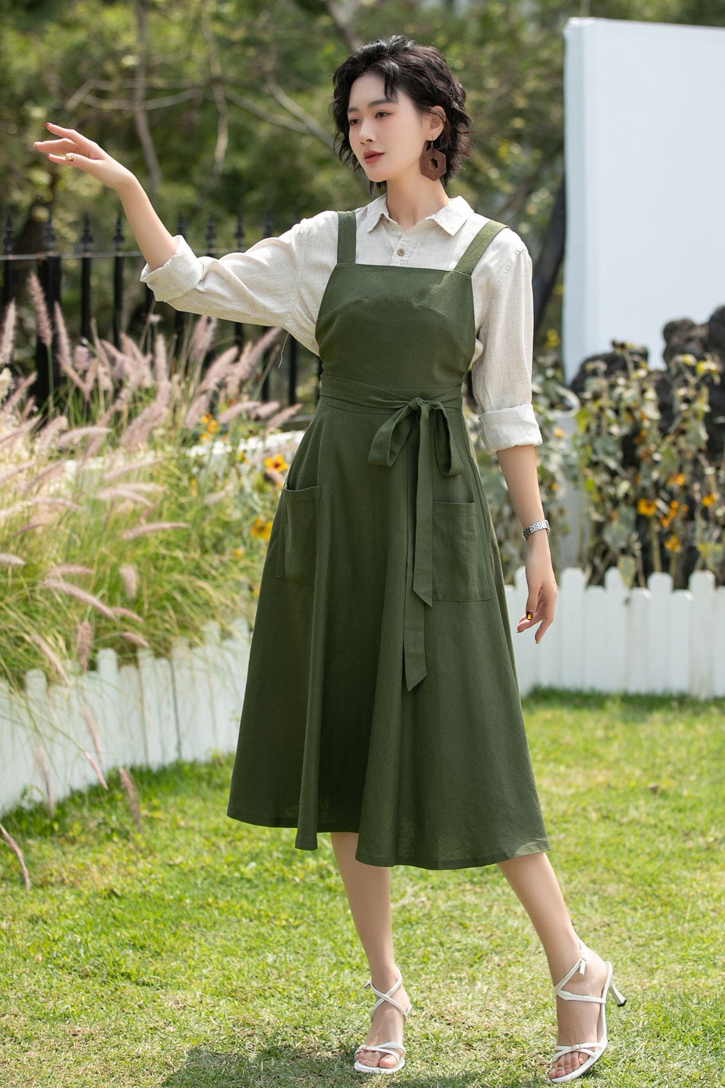 Olive Linen Cotton Pinafore Dress - Midi Fit Flare | Xiaolizi 6745