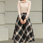 Brown Plaid Wool Midi Skirt – High Waist A-Line Winter Skirt with Pockets 6421
