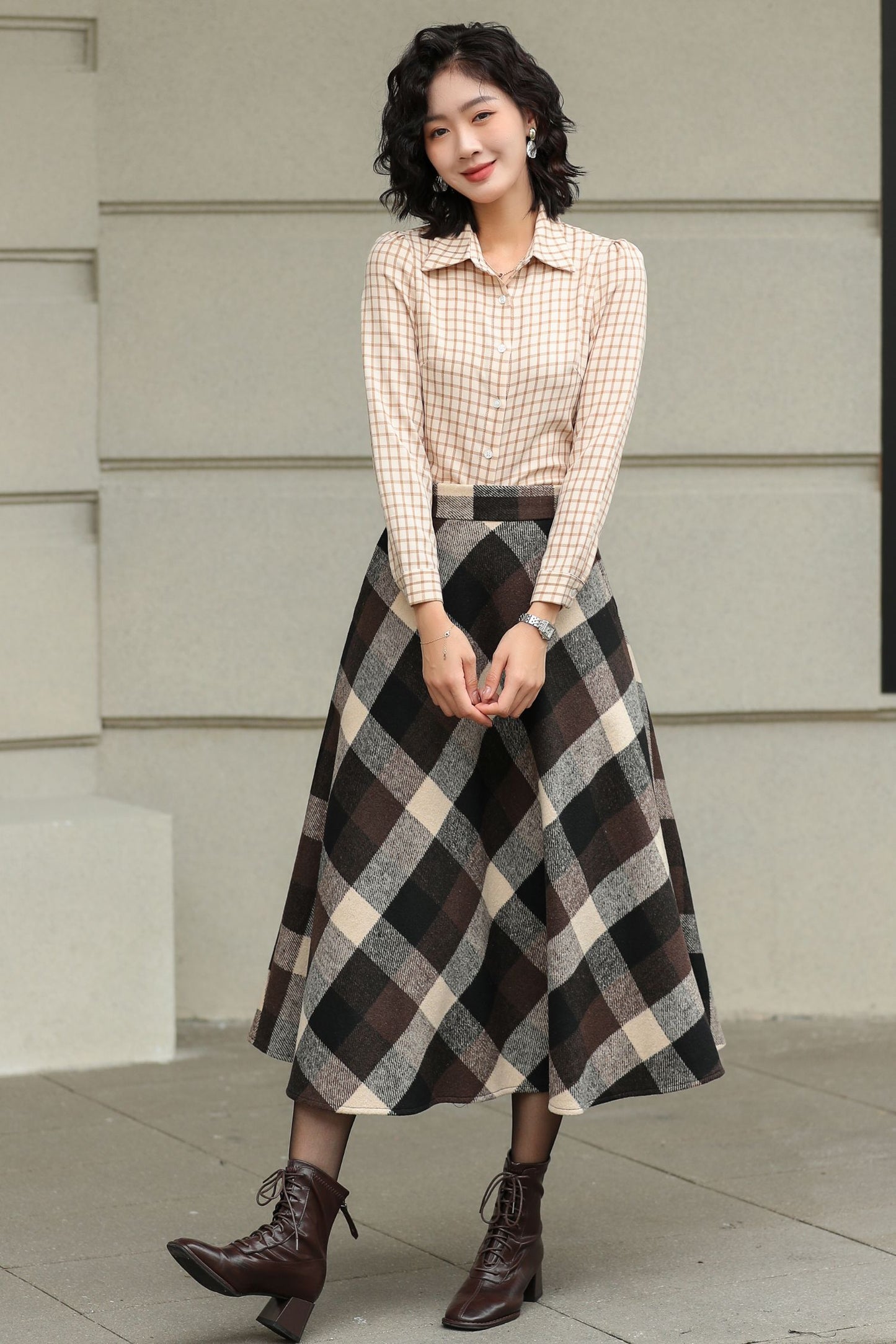 Brown Plaid Wool Midi Skirt – High Waist A-Line Winter Skirt with Pockets 6421