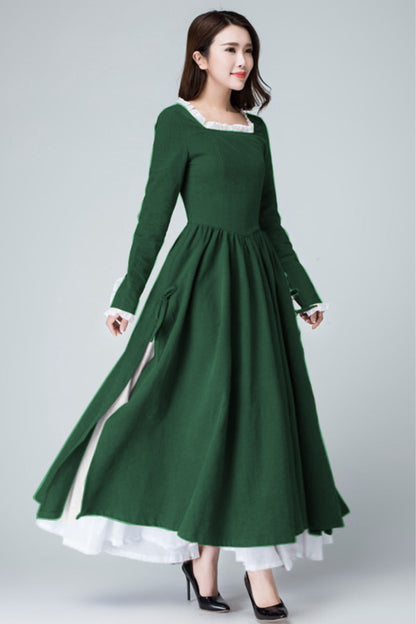Xiaolizi Linen Maxi Dress – Vintage Green Fit and Flare Dress with chiffon hem 6317