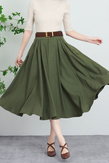 Army Green Linen Blend Midi Skirt - High-Waisted A-Line Swing 5729