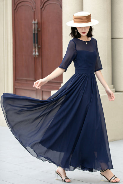 Fit and Flare Dark Blue Chiffon dress 5143