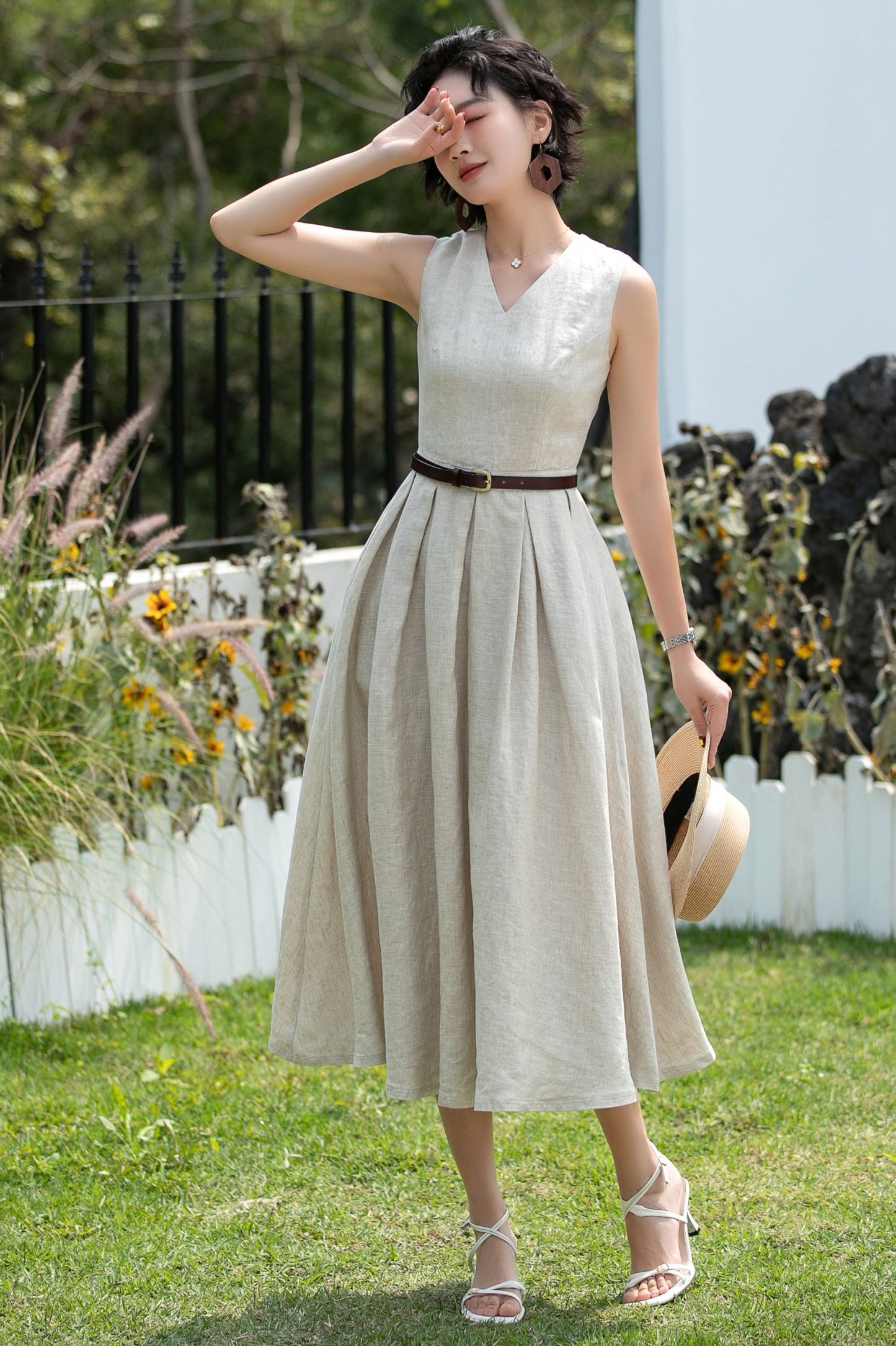 Beige Linen Midi Dress - Sleeveless V-Neck | Xiaolizi 6746 - Size XS #CK2600255